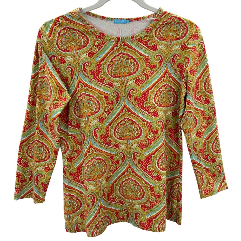 J.McLaughlin Womens Medium Catalina Cloth Paisley Print 3/4 Sleeve Top Red Multi